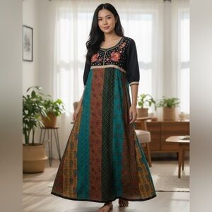 Motivi Maxi Gown Dress Patchwork Long Block Print with Embroidery Top Size Large